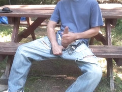 Wank's jeans edging on picnic table #4