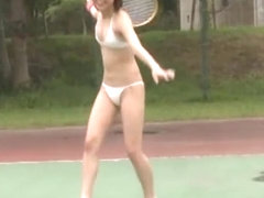 Tennis college girl in pink and white striped cotton panties