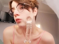 Young teen showing off my new glasses then cumming with feet up