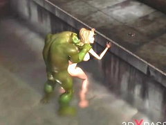 Big monster plays with a hot sexy girl in the sewer