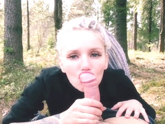 OUTDOORS BLOWJOB, teenage nympho in the forest gets cum on face - Red Fox