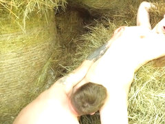 Farmer Girl with a Hairy Pussy is Fucked in the Hay - Outdoor Couple Sex