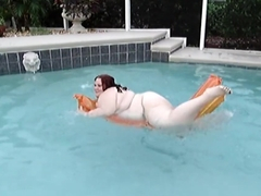 Fatty Splashing Naked In The Outdoor Pool On Inflatable Water Toy