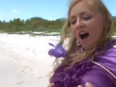 Make love on beach with purple silk blouse on to satisfy satin fetish